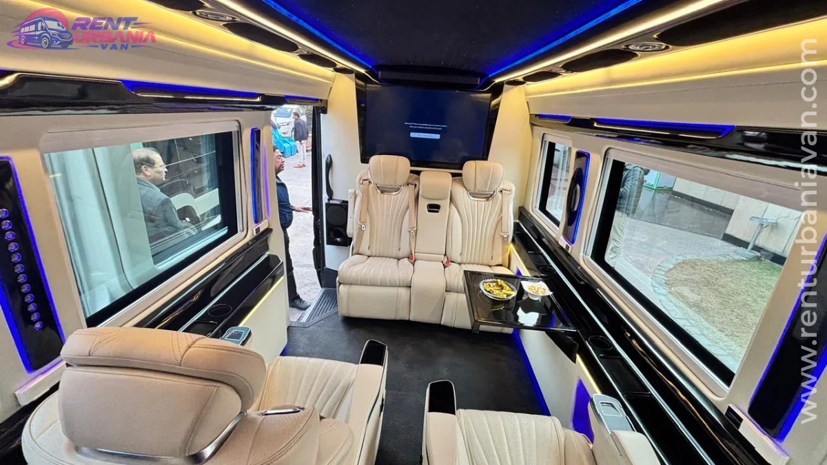 Luxury Urbania Van Interior in Jaipur Luxury Urbania van interior with premium seating, entertainment screen and ambient lighting