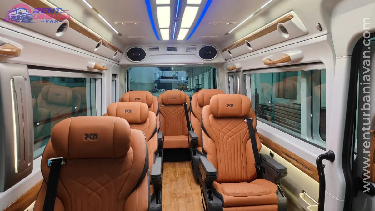 Luxury Urbania Van Interior Jaipur Luxury Urbania van interior with comfortable leather seats and ambient lighting in Jaipur